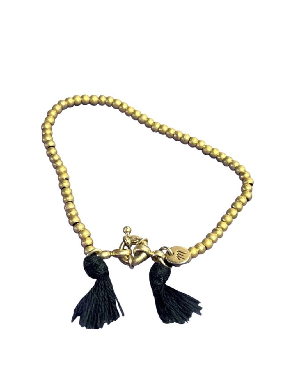 Madewell Goldtone Beaded Bracelet 2 Black Tassels 7.25 inches Long